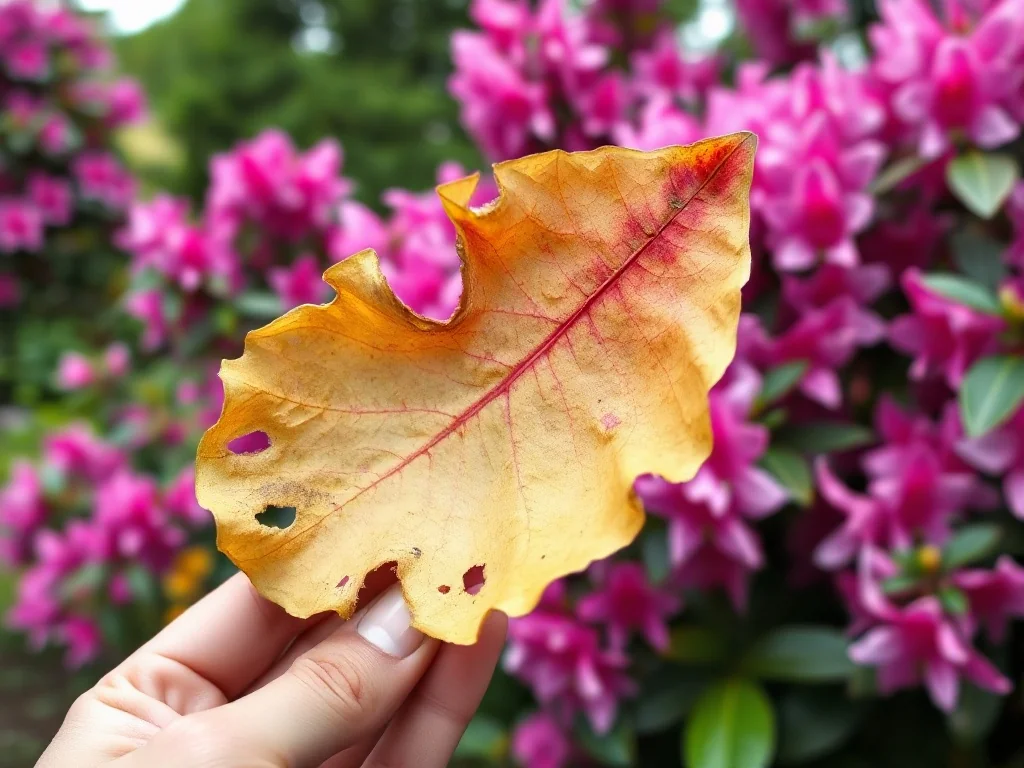Liść rododendrona z charakterystycznymi wygryzieniami na brzegach, świadczącymi o żerowaniu opuchlaka.