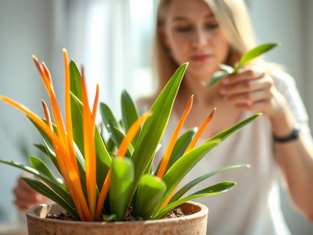 Zielistka Green Orange w ceramicznej doniczce oraz kobieta przycinająca sadzonkę w tle.